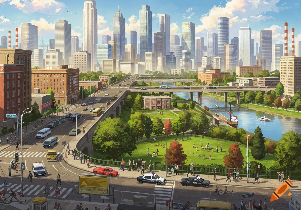 A vibrant, detailed illustration of a bustling city with tall buildings, highways, a river, and a lively park filled with people.