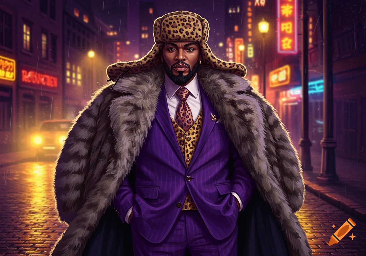 A stylish man in a leopard print ushanka hat, purple suit, and fur coat stands on a rainy city street at night, illuminated by neon signs.