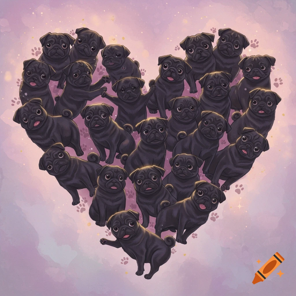 An illustration of many cute black pugs forming a heart shape on a pastel pink background with paw prints.