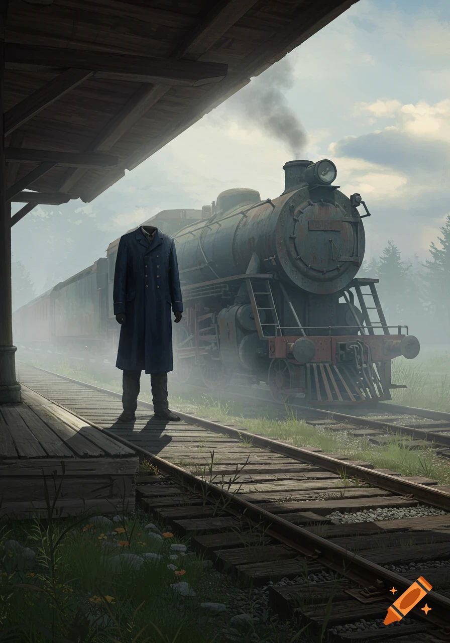 A headless figure in a dark coat stands on a wooden train platform next to a steaming vintage train in a misty, photorealistic scene.