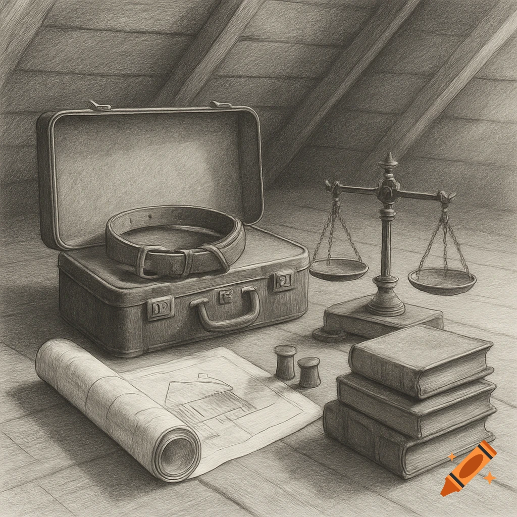 A monochrome pencil sketch depicting an open suitcase, a dog collar, a rolled-out house blueprint, old balance scales, and a stack of books on a wooden attic floor.