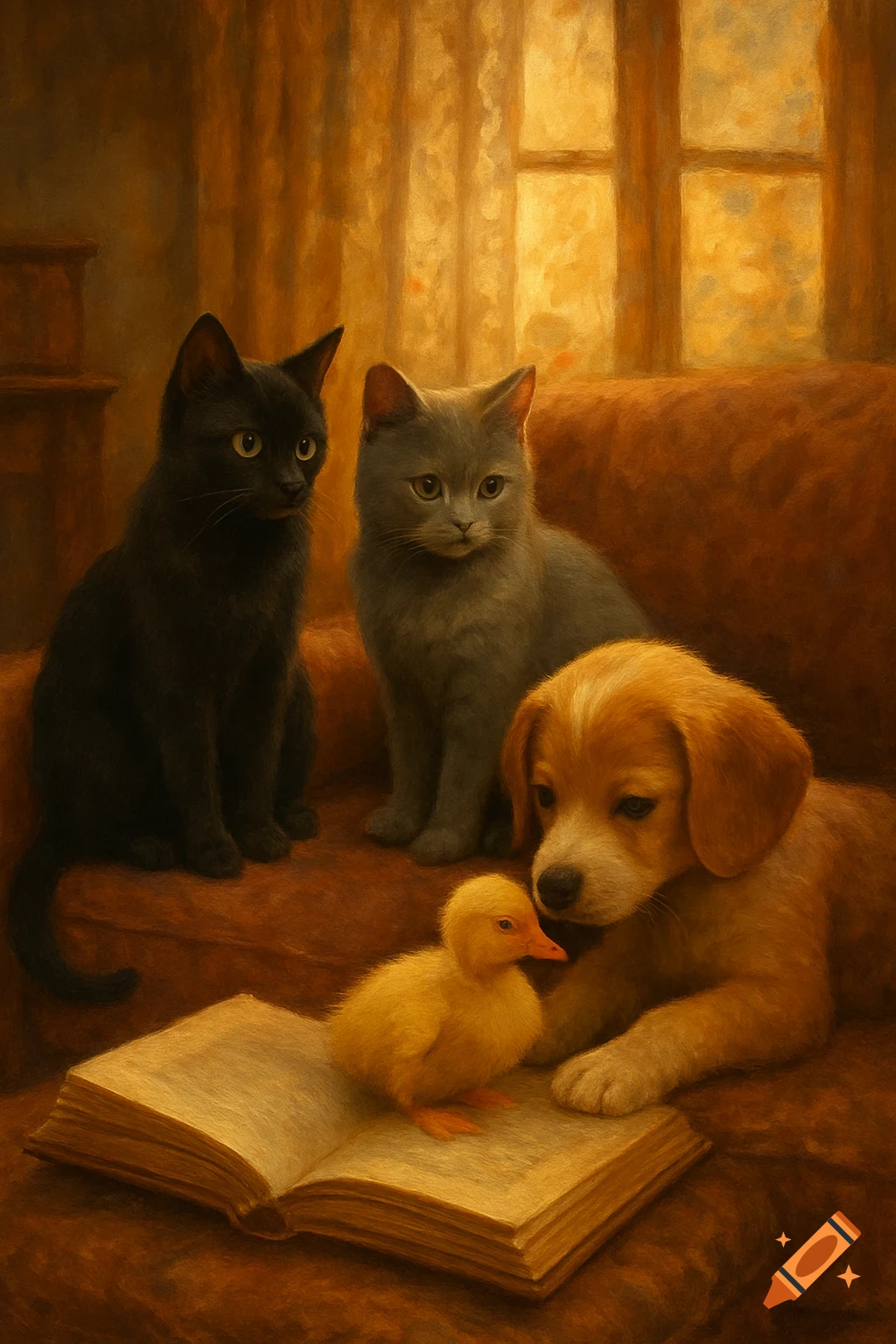 Two cats, a puppy, and a duckling gather around an open book on a warm-toned couch, rendered in a painterly style.