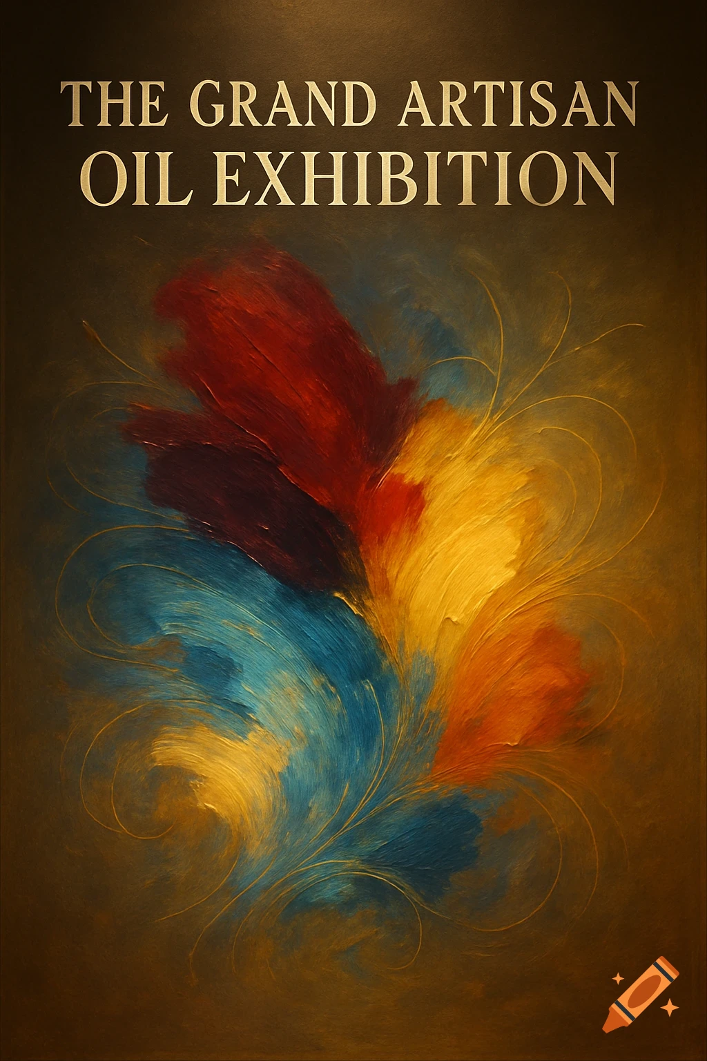 A vertical poster for 'The Grand Artisan Oil Exhibition' featuring an abstract oil painting with bold strokes of red, blue, yellow, and orange on a dark background.