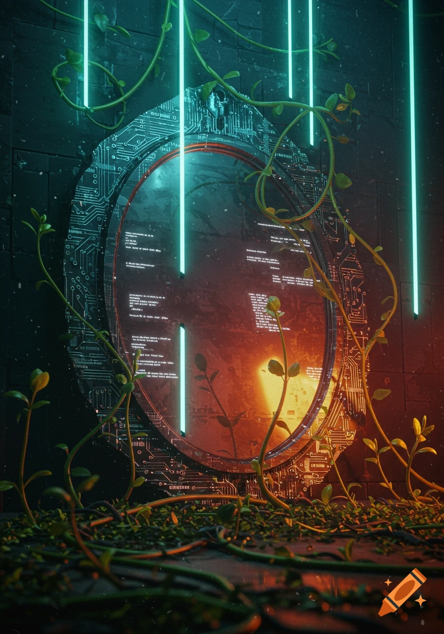A cyberpunk-style mirror with circuit board patterns, glowing neon lights, and green vines growing around it in a dark setting.