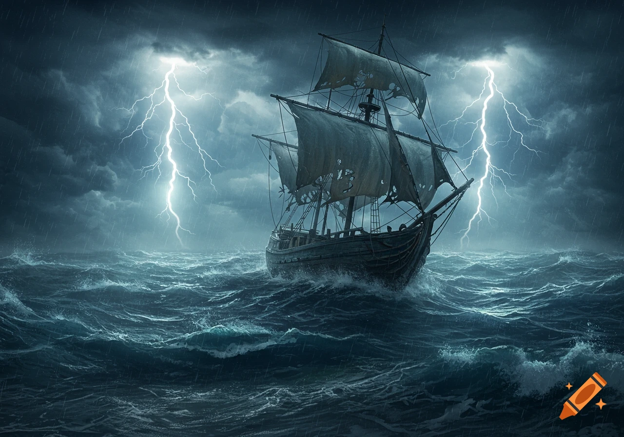 An old sailing ship with tattered sails braves a tumultuous dark sea under a lightning-filled stormy sky.
