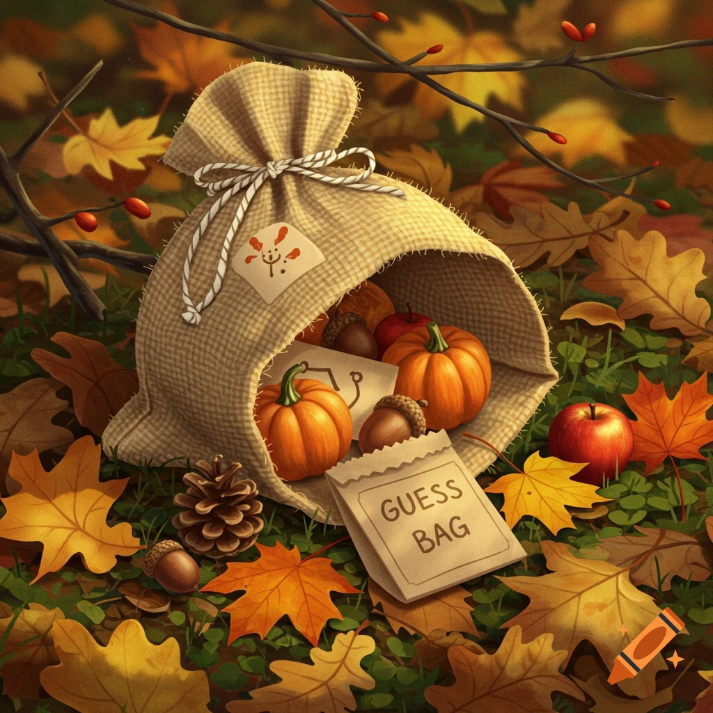 A burlap sack overflowing with autumn items like mini pumpkins, apples, and acorns on fall leaves, with a small paper bag labeled 'GUESS BAG'.