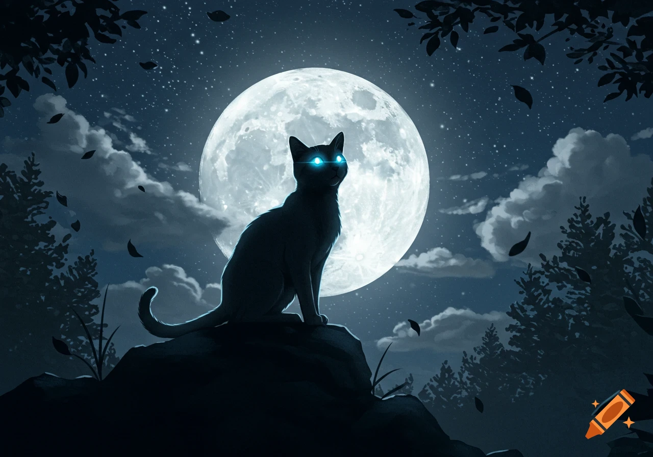 A black cat with glowing blue eyes sits on a rock, silhouetted against a huge full moon and starry night sky. Dark trees frame the scene.