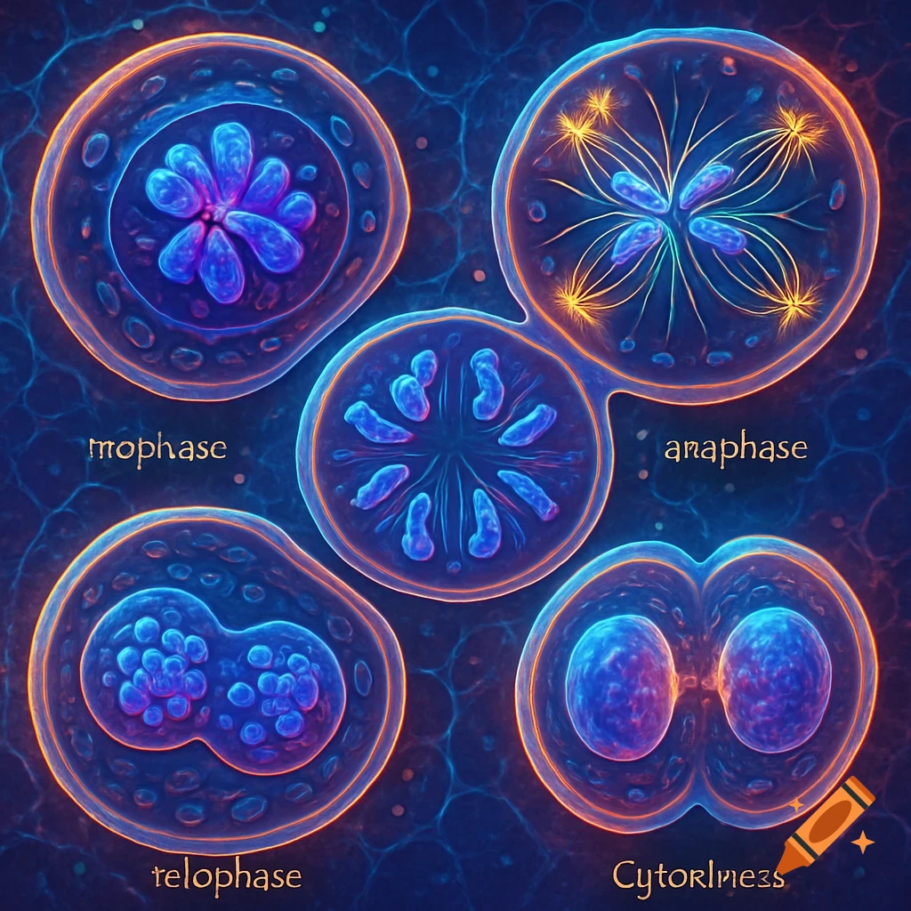 A glowing, microscopic illustration of animal cell mitosis, showing different stages of cell division with chromosomes and cellular structures.