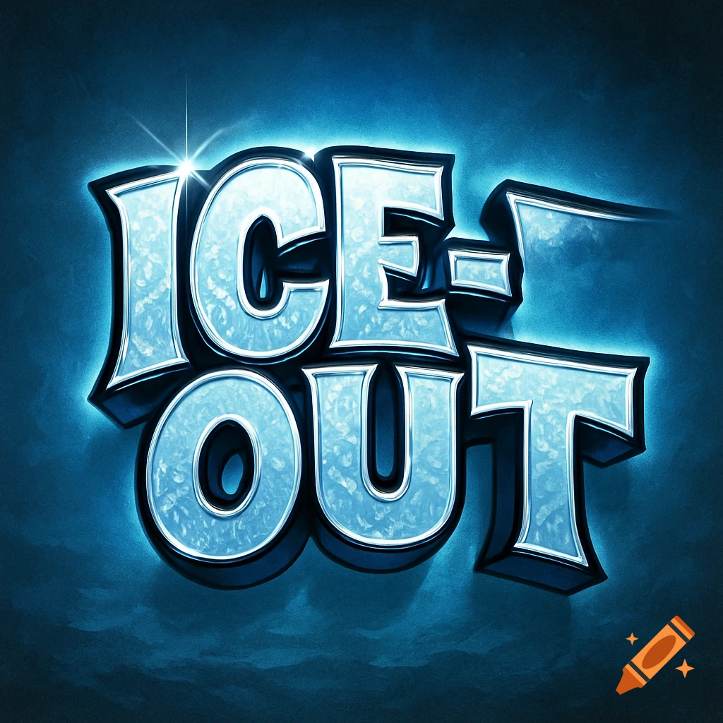 3D metallic text 'ICE-OUT' with icy texture and blue glow on a dark blue background.