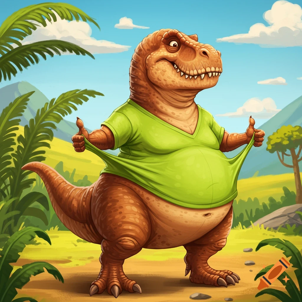 A cartoon T-Rex in a green t-shirt stretches the sleeves with its thumbs, looking proud in a jungle setting.