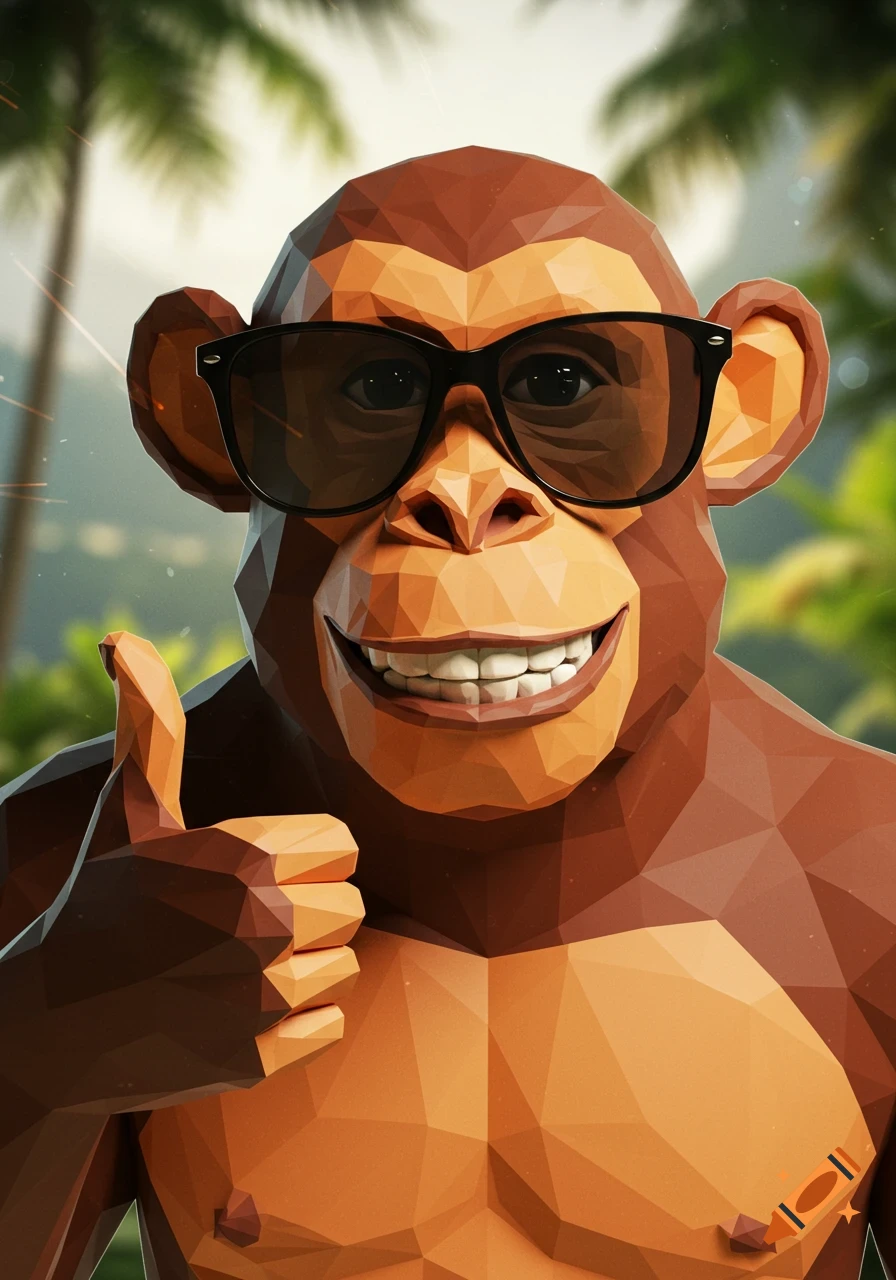 A low-poly monkey wearing sunglasses, smiling and giving a thumbs up, with a tropical background.