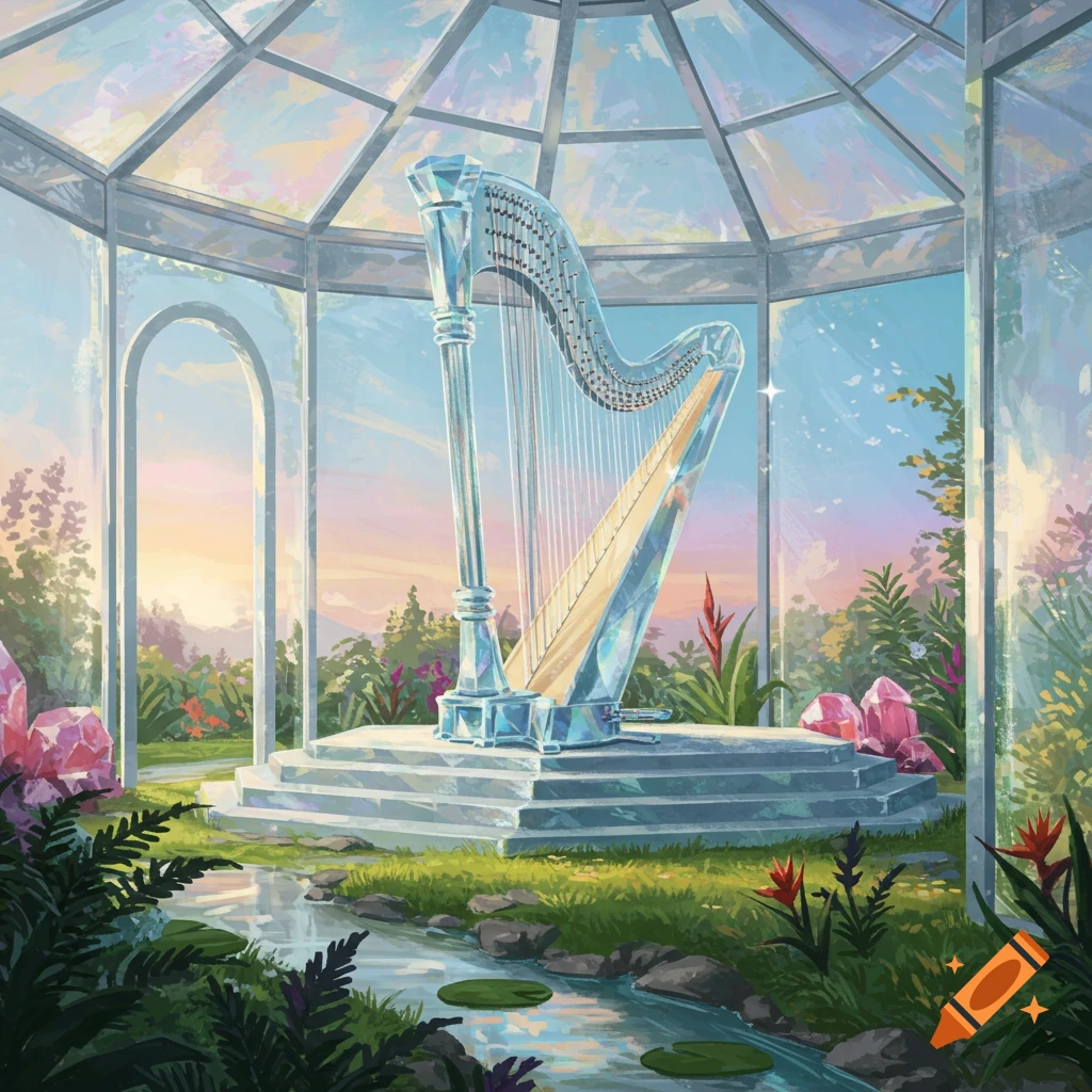 A glowing crystal harp stands on a tiered platform inside a glass house, surrounded by lush plants, a stream, and pink crystals at sunset.