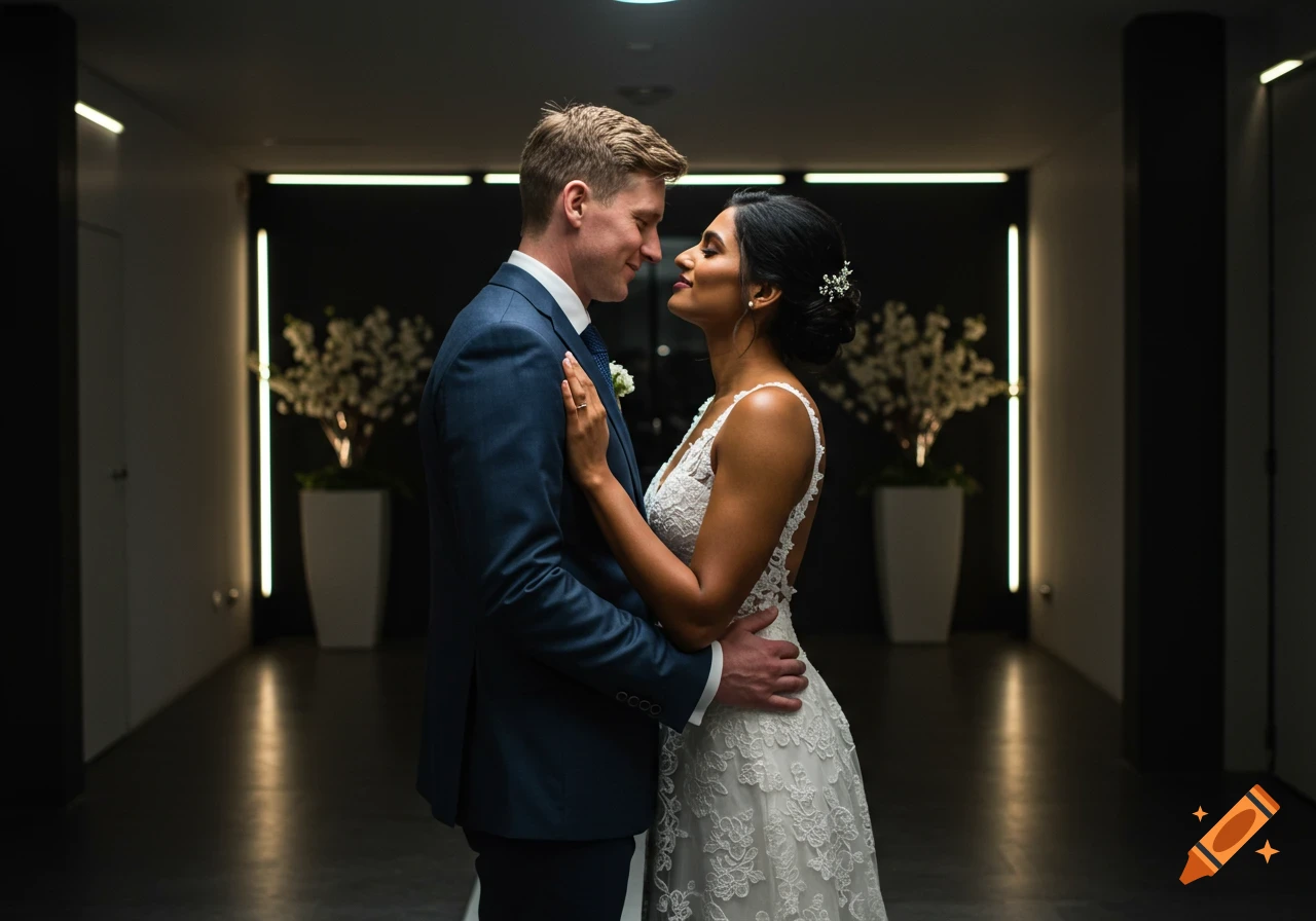 A newlywed couple embraces and looks at each other intimately in a modern wedding venue, about to kiss. Photorealistic.
