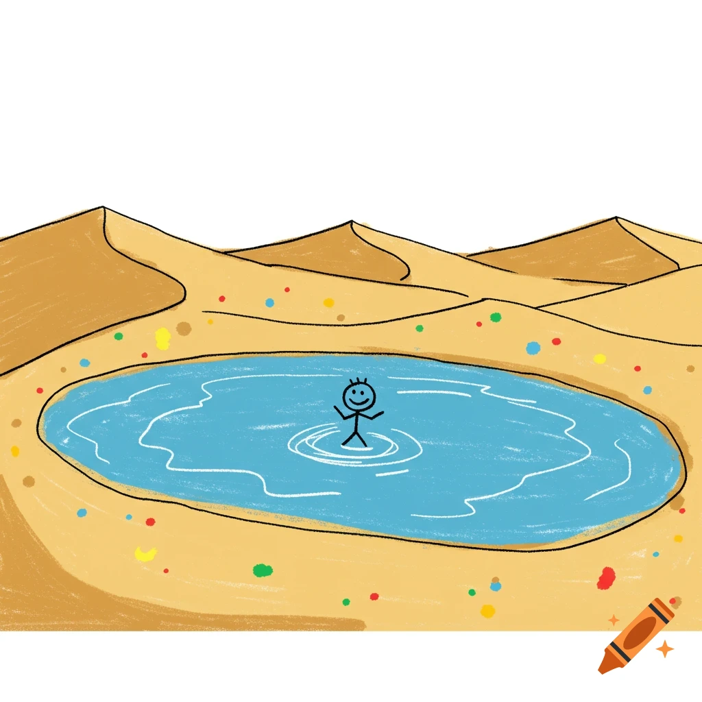 Childlike crayon drawing of a stick figure smiling and swimming in an oasis in a desert, with sand dunes under a white sky.