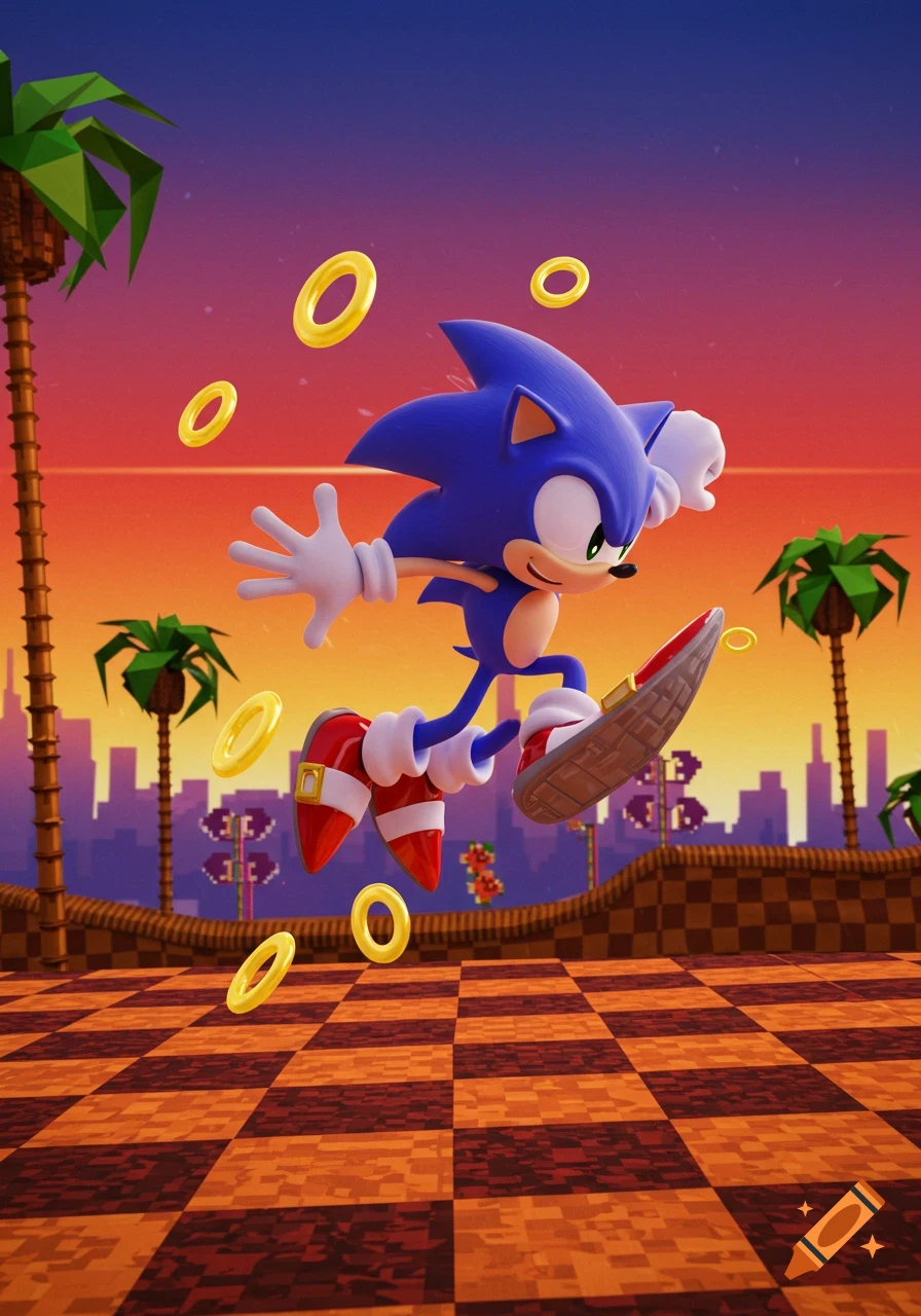 Sonic the Hedgehog jumps through a vibrant 3D Green Hill Zone level, surrounded by golden rings, with palm trees and a pixelated city in the background.