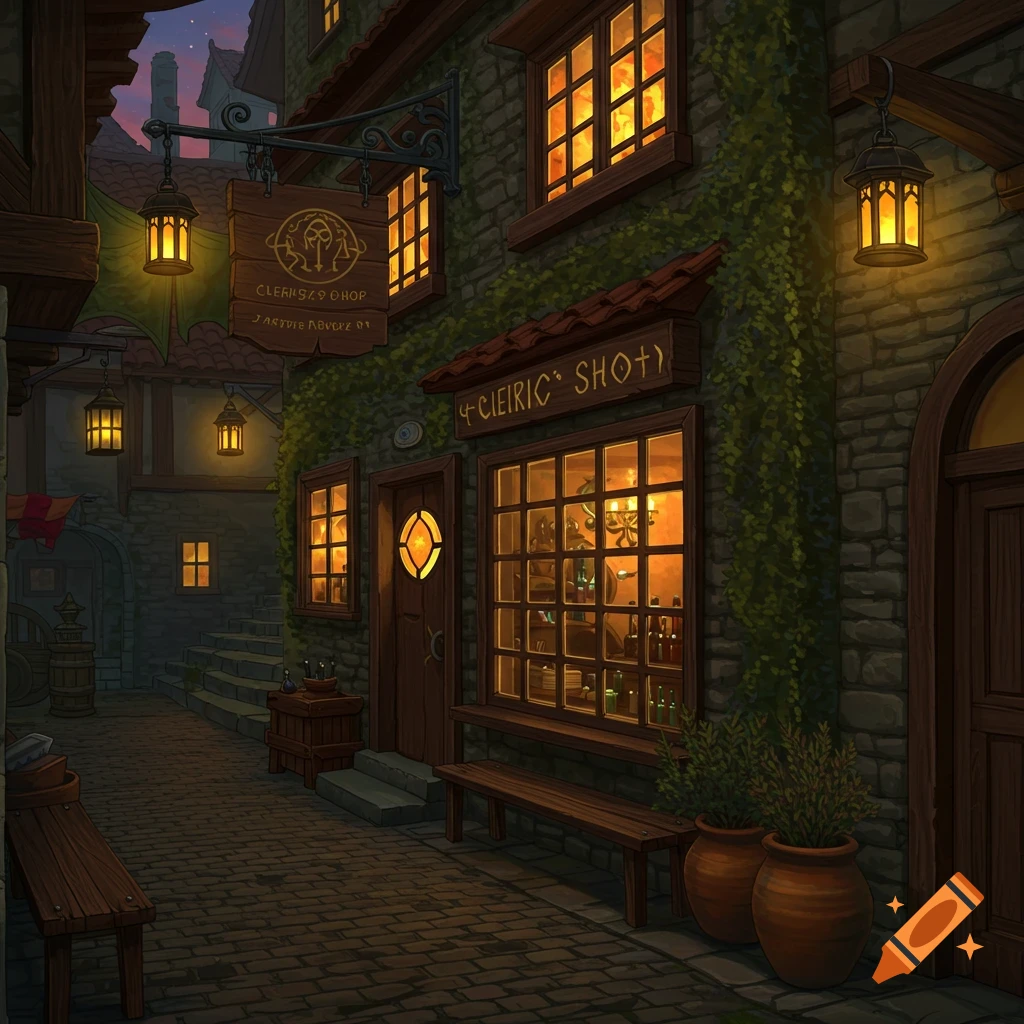 A cozy, illuminated cleric's shop in a stone alley at dusk, with glowing windows and hanging lanterns.