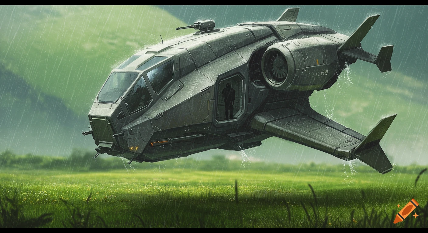 A large, dark grey futuristic gunship hovers over a lush green field in the rain, a man standing in its open doorway.