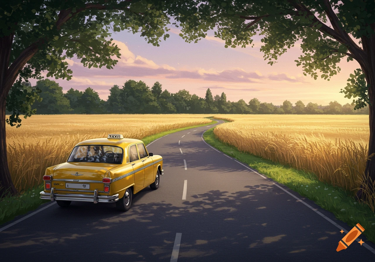 A yellow taxi drives down a winding country road through golden fields under a soft sunset sky, framed by trees. Illustration.