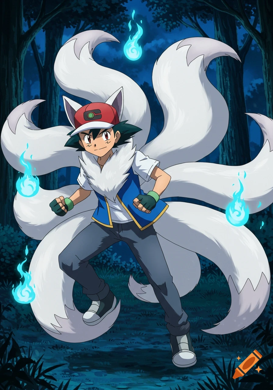 Anime illustration of Ash Ketchum as a Kitsune with red eyes and multiple white tails, surrounded by blue flames, in a dark forest.