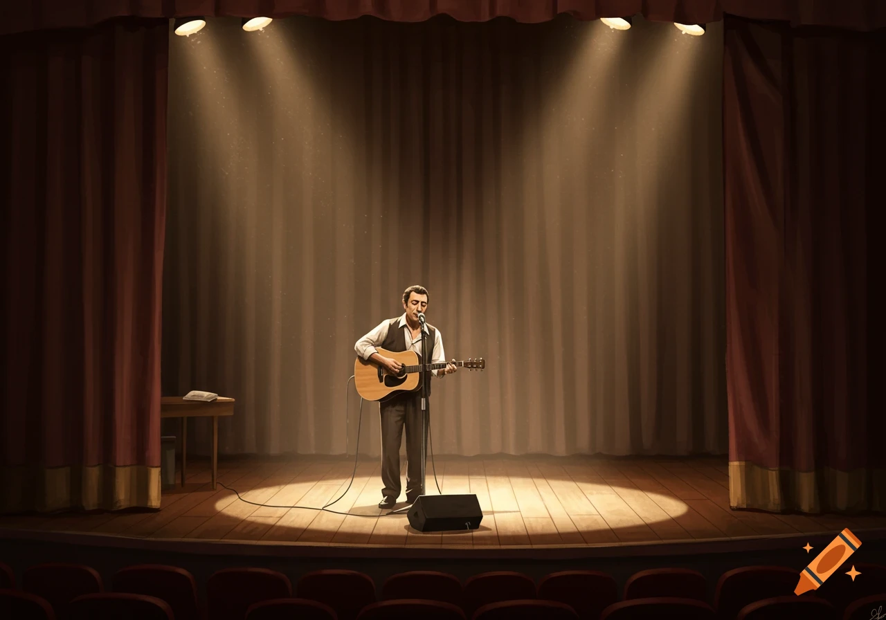 An illustrated man sings and plays an acoustic guitar under a spotlight on a theater stage.