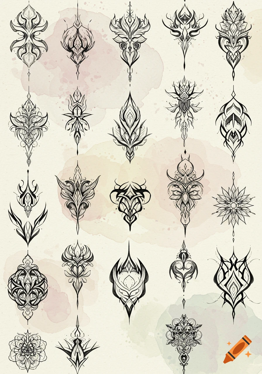 A grid of intricate black line art ornamental tattoo designs on a light background with subtle pink watercolor splatters.