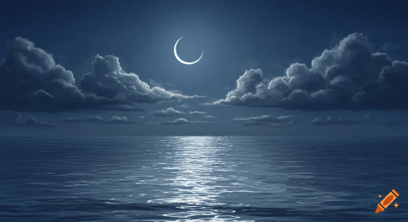 A serene night seascape featuring a bright crescent moon, dark clouds, and moonlight reflecting on calm ocean water.