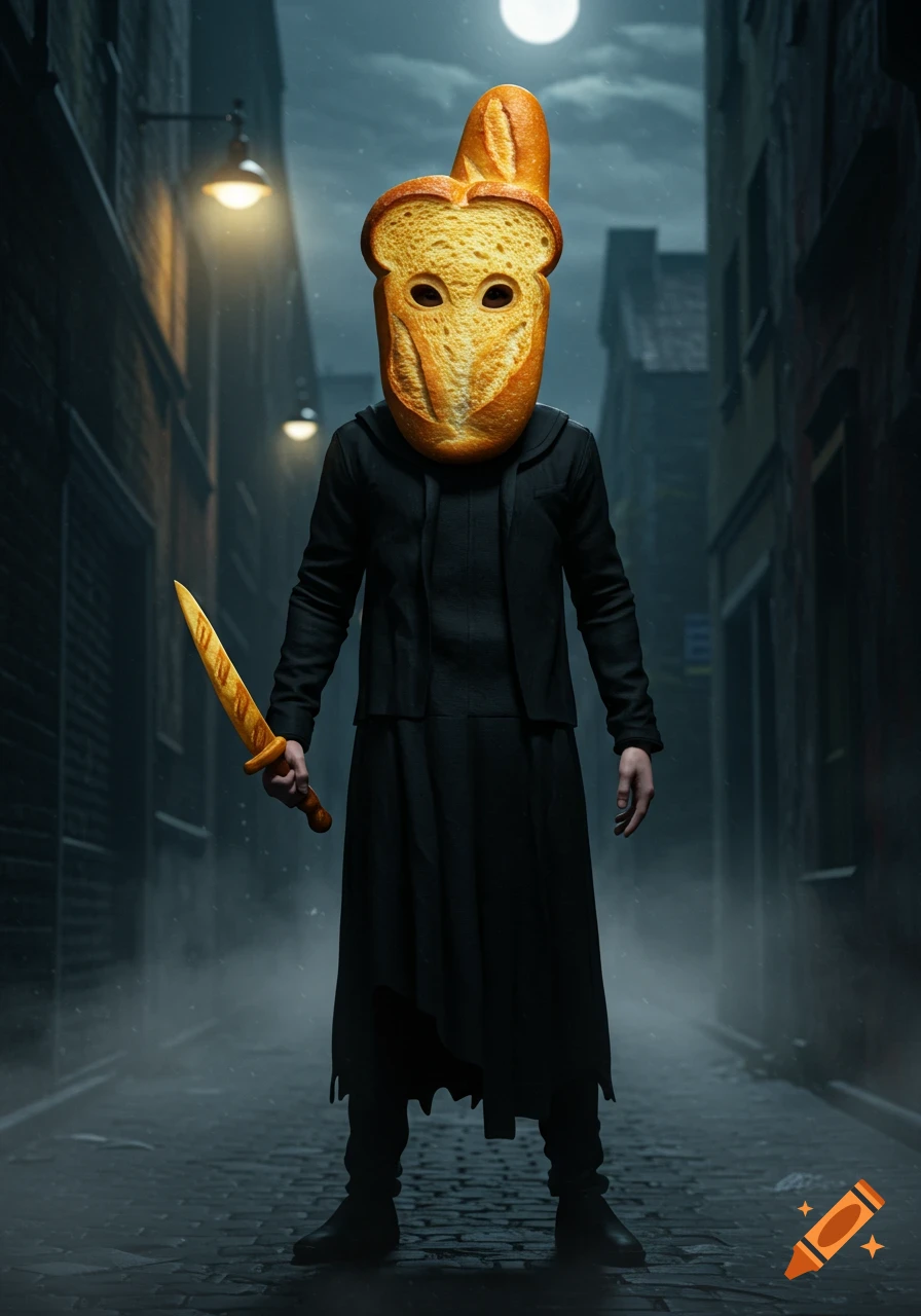 A person in a black outfit wears a bread mask and holds a bread knife in a dark, foggy alley at night.