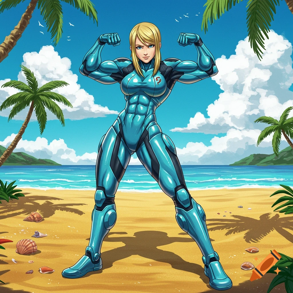 Muscular Zero Suit Samus flexes at a tropical beach with palm trees and ocean in an anime style.