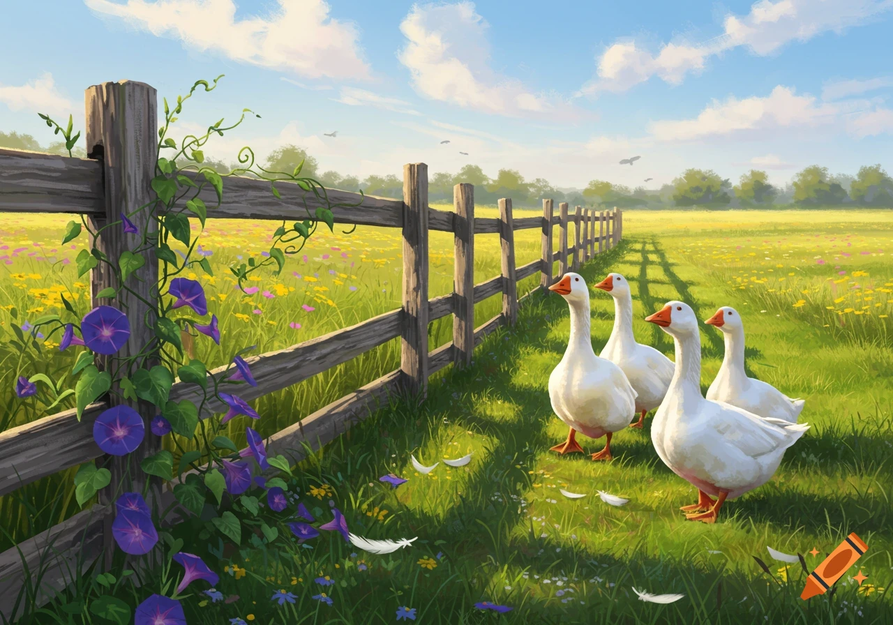 Four white geese stand near a wooden fence covered in purple morning glories, in a sunny field of yellow and pink wildflowers.