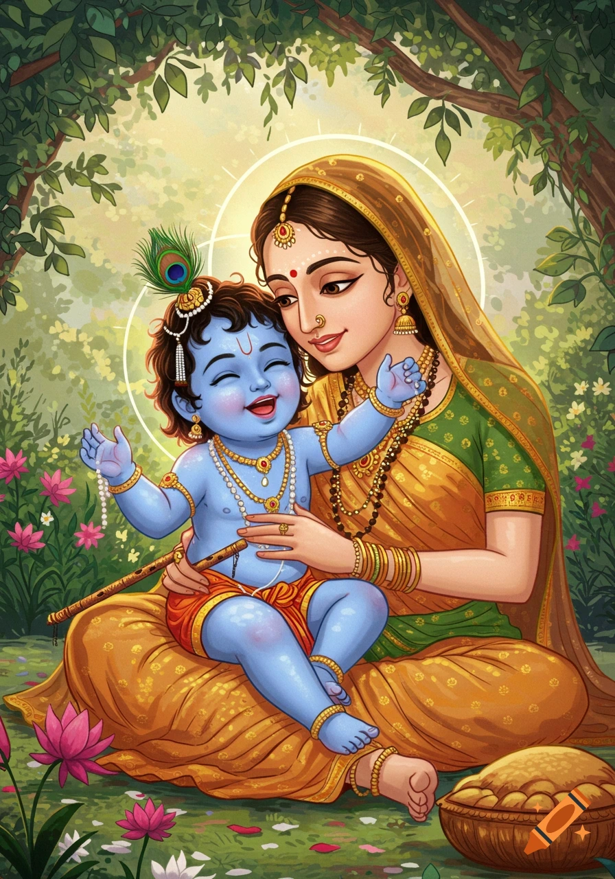 Smiling baby Krishna with blue skin and a peacock feather crown is held by his mother, Yashoda, in a lush green garden.