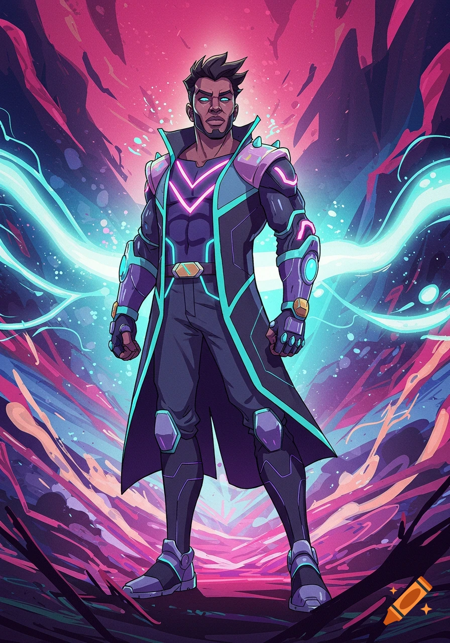 Animated superhero character with dark skin and glowing blue eyes, wearing a long dark coat with neon purple and teal accents, against a vibrant pink and blue abstract background.
