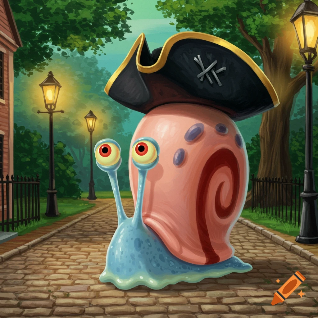 Gary the snail from Spongebob wearing a pirate hat, walking on a cobblestone path in a whimsical park illustration.