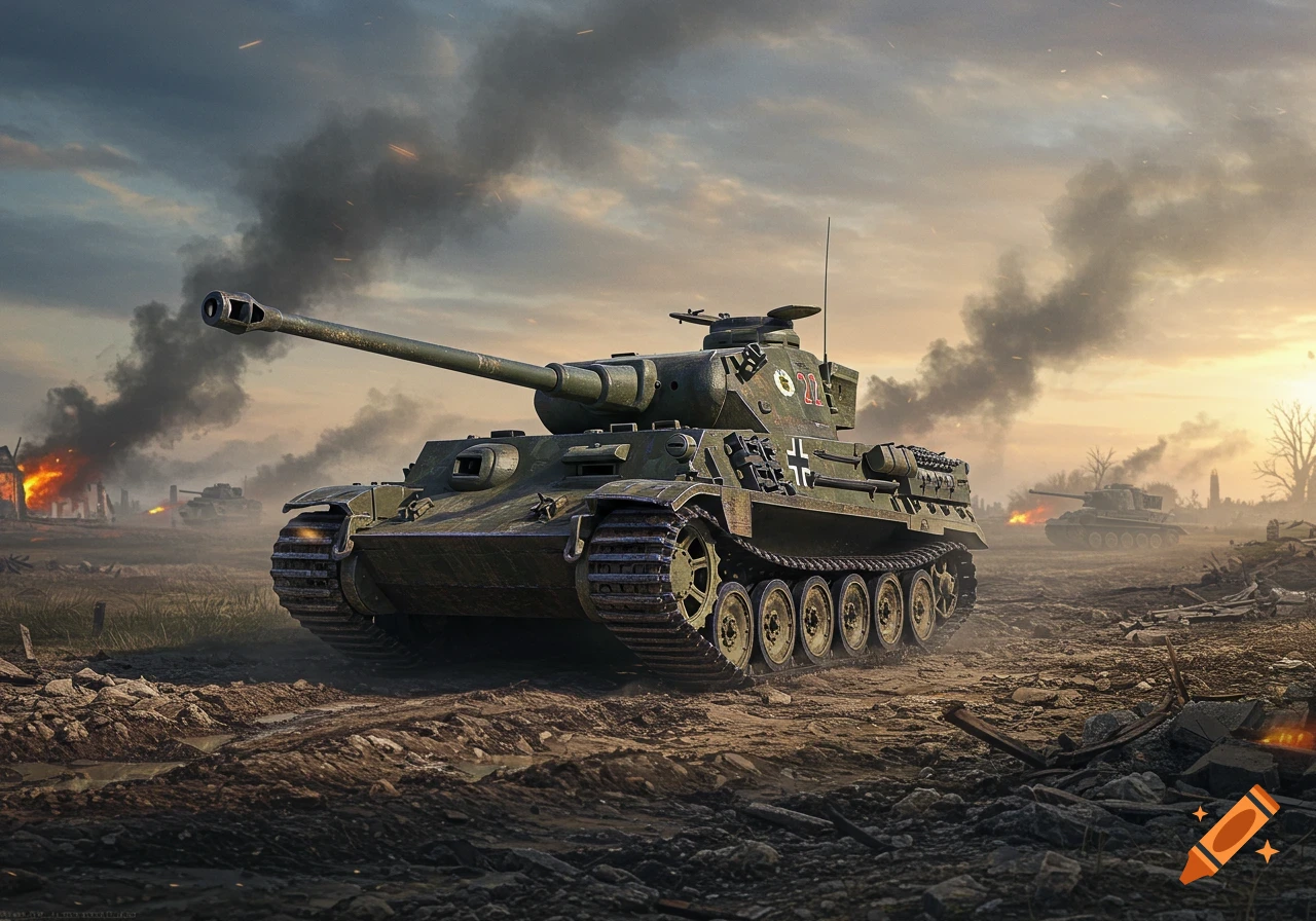 Photorealistic image of a green military tank on a muddy battlefield with smoke and distant explosions at sunset.