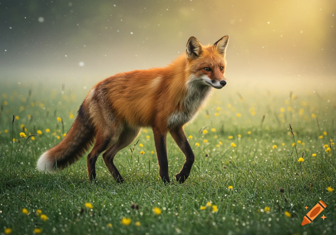 A photorealistic red fox with white markings walks through a dewy, green field dotted with yellow flowers under misty sunlight.