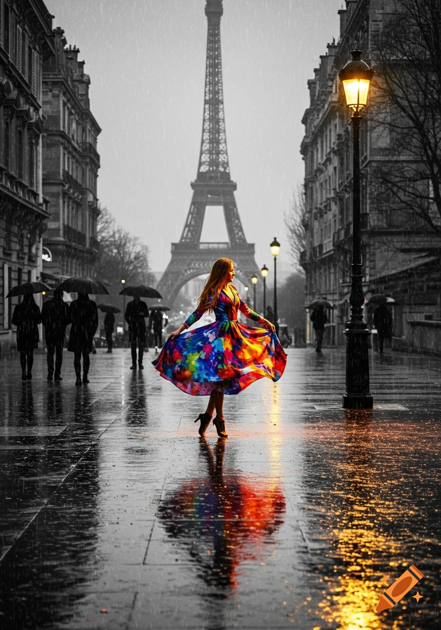A woman in a vibrant, colorful dress dances on a wet street in black and white Paris, with the Eiffel Tower in the background.