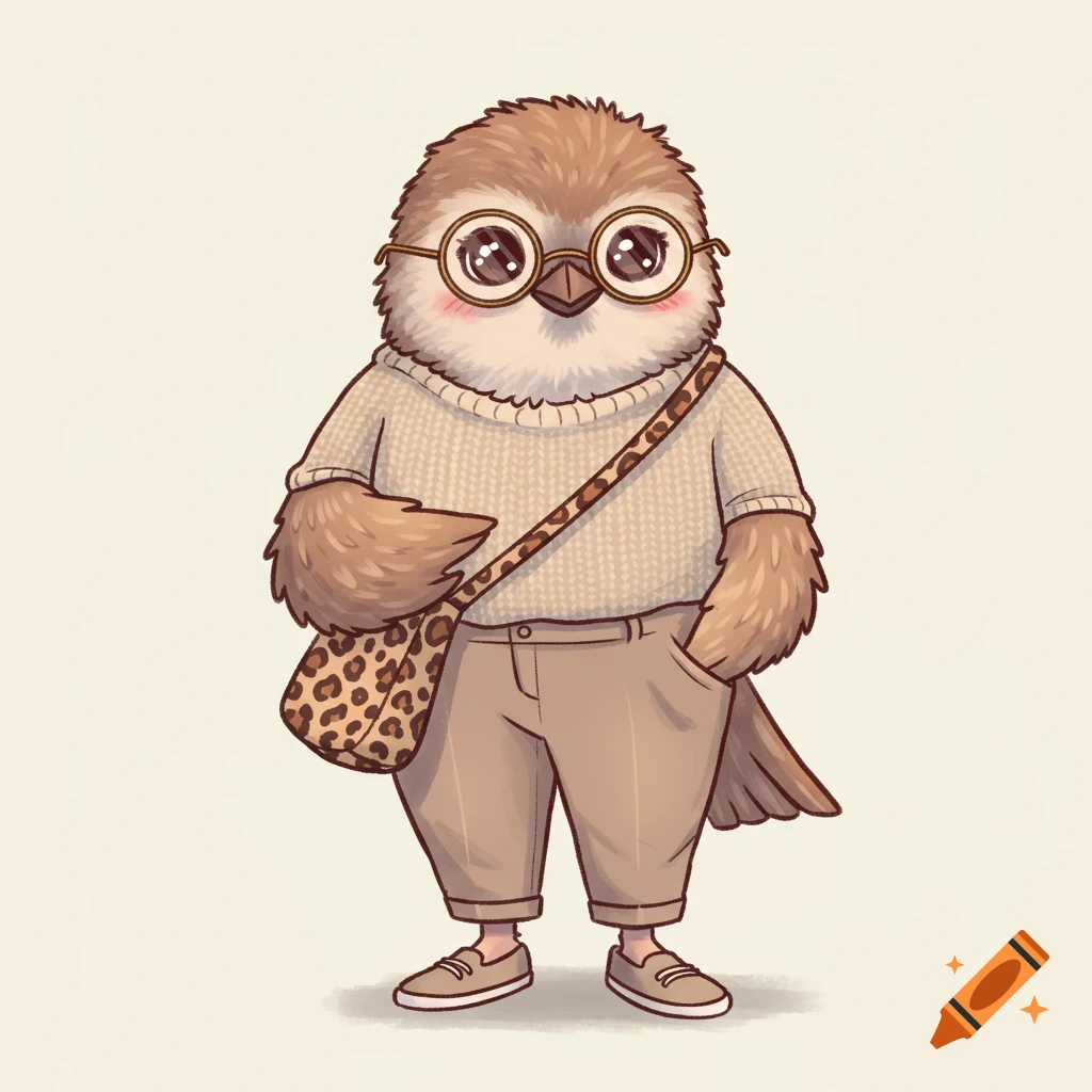 An adorable cartoon sparrow character in glasses, a beige sweater, trousers, and a leopard print bag.