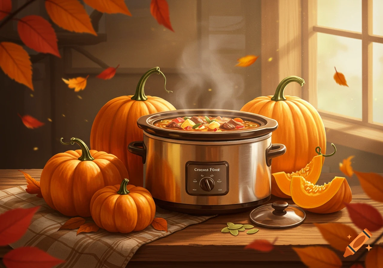 A steaming crock pot filled with stew, surrounded by pumpkins and autumn leaves on a wooden table near a window.