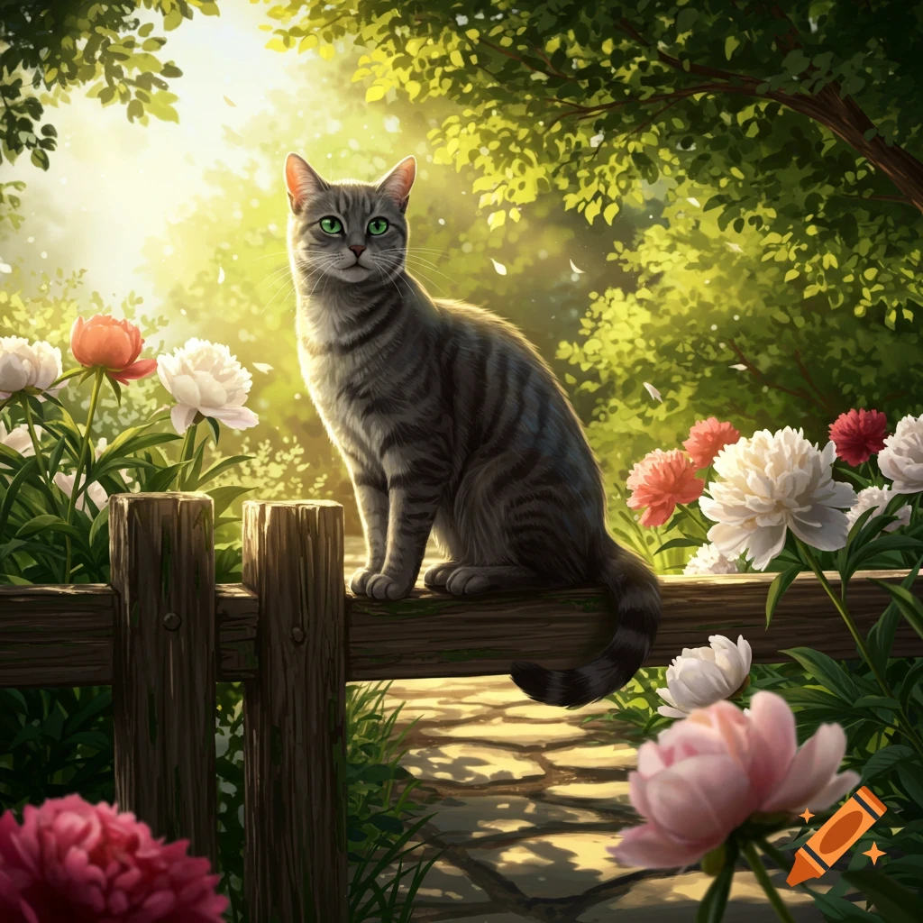 A gray tabby cat with green eyes sits on a wooden fence post in a sunlit garden filled with colorful peonies and green foliage.