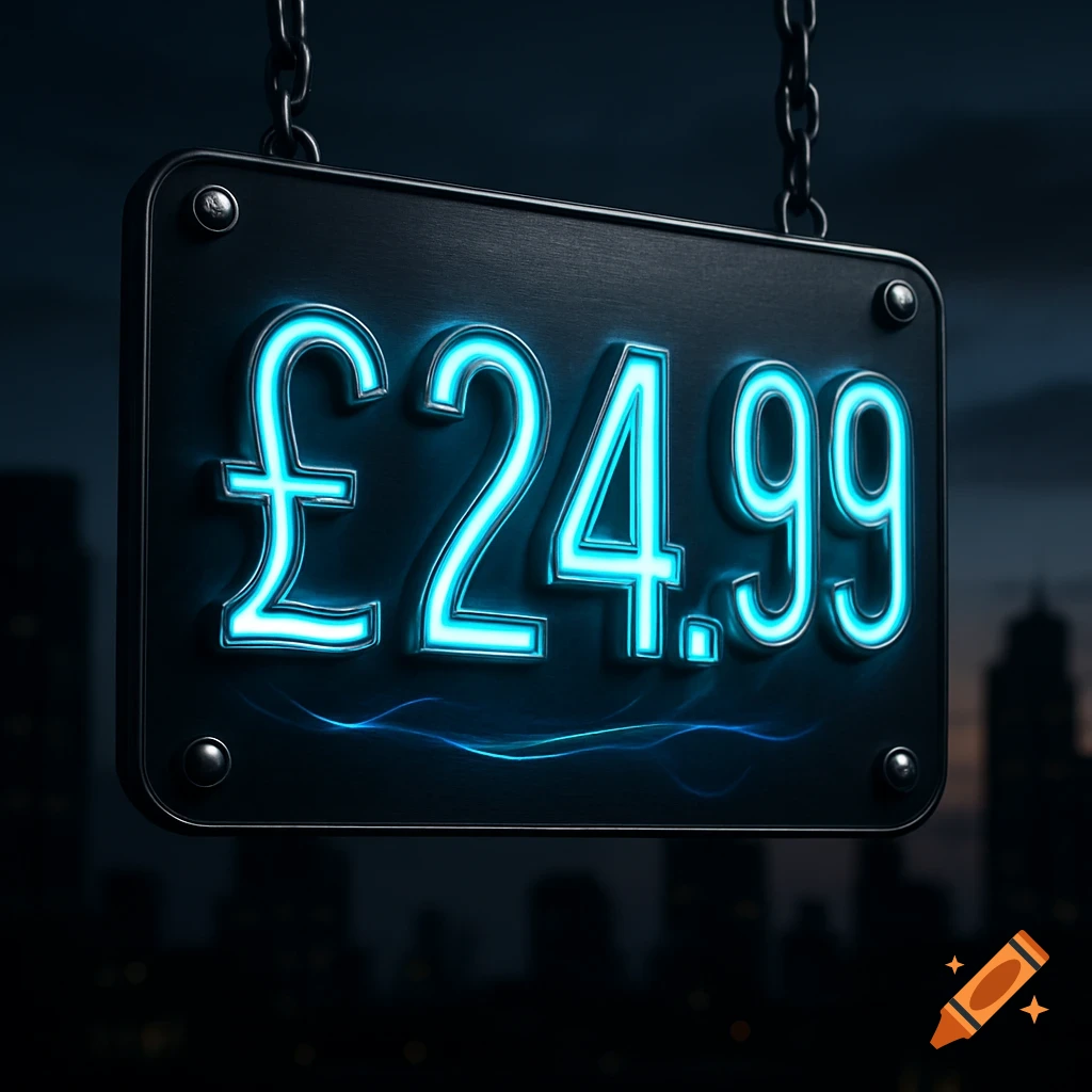 A dark metal sign with glowing neon blue text ' A dark metal sign with glowing neon blue text ' A dark metal sign with glowing neon blue text ' A dark metal sign with glowing neon blue text '£24.99' hangs from chains against a blurred city skyline at night.