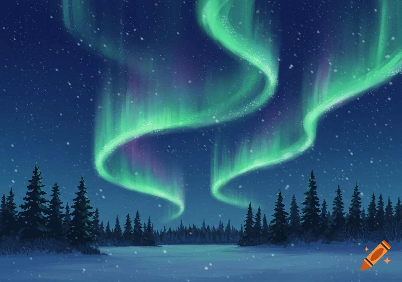 Vibrant green and purple aurora borealis above a snow-covered forest and frozen lake with falling snow at night.