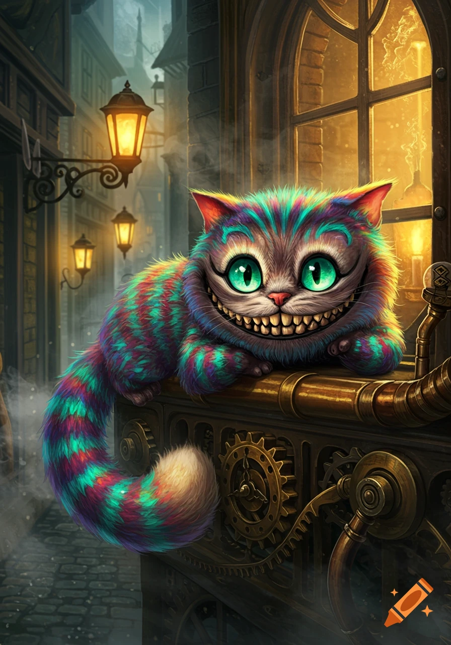 A vibrant, rainbow-striped Cheshire Cat with a wide grin and glowing green eyes rests on intricate steampunk gears in a dark alleyway with glowing lanterns.