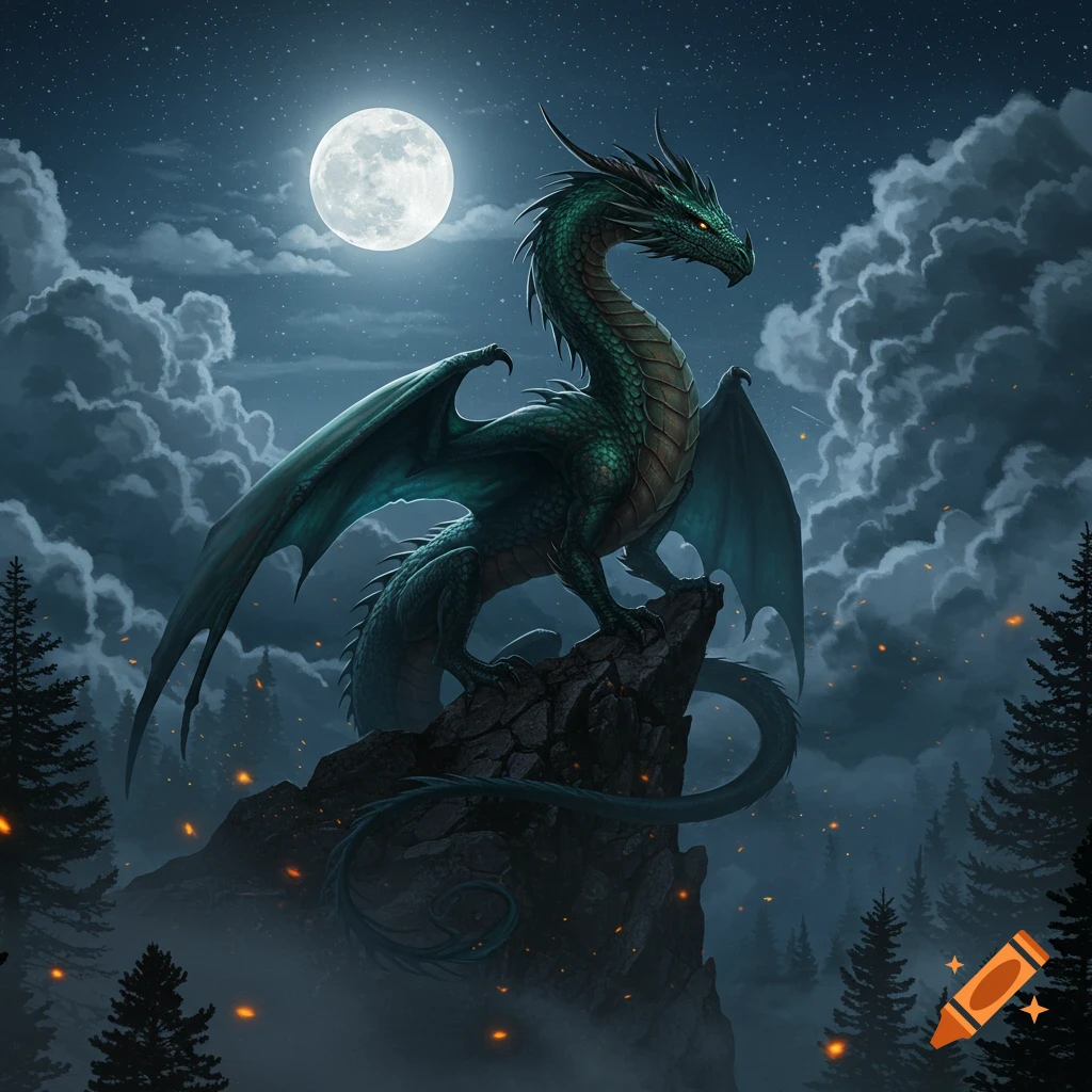 A majestic green dragon with large wings perches on a rocky peak under a bright full moon in a misty, dark forest.