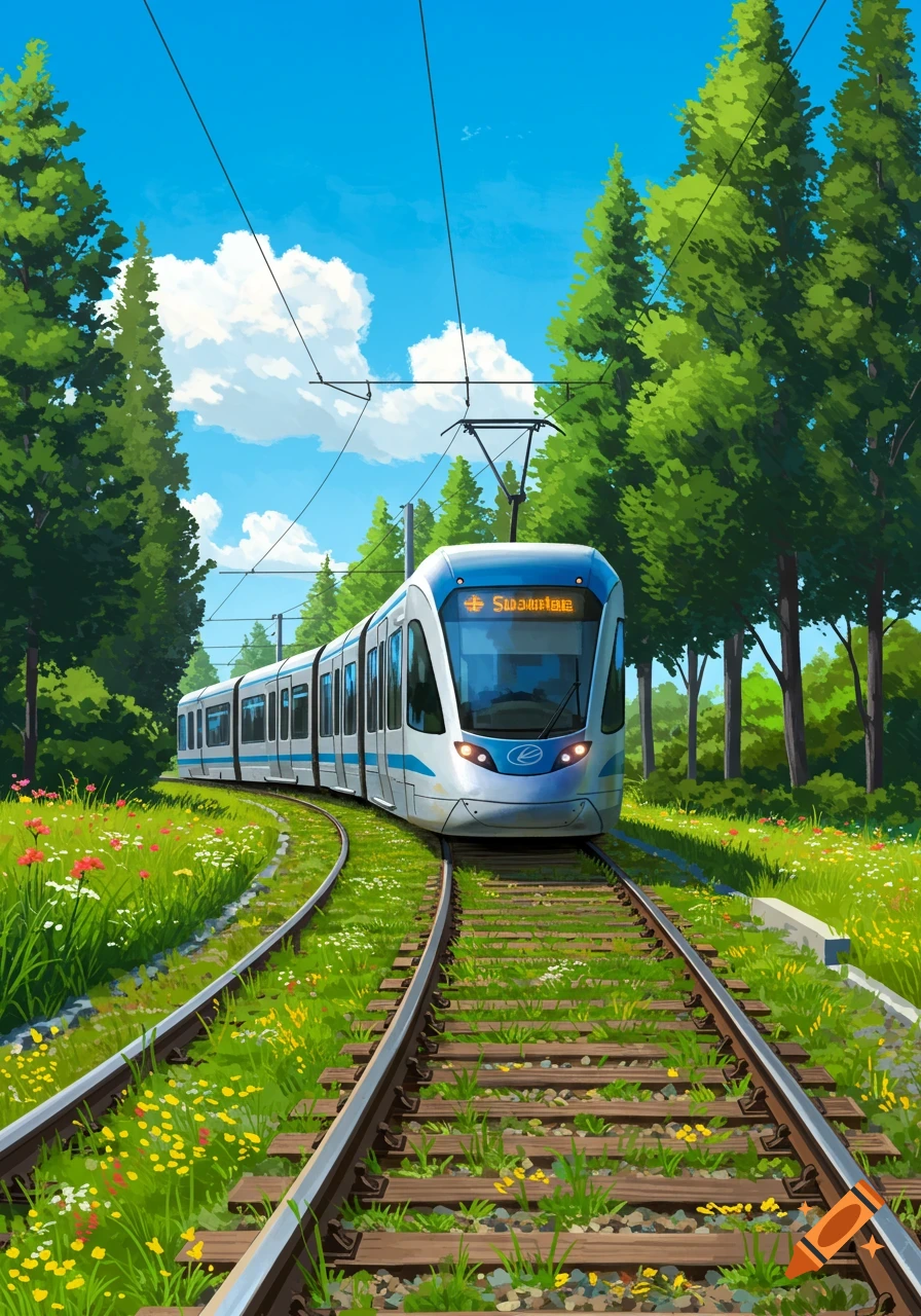 An anime-style light rail train travels through a vibrant green landscape with wildflowers under a bright blue sky.