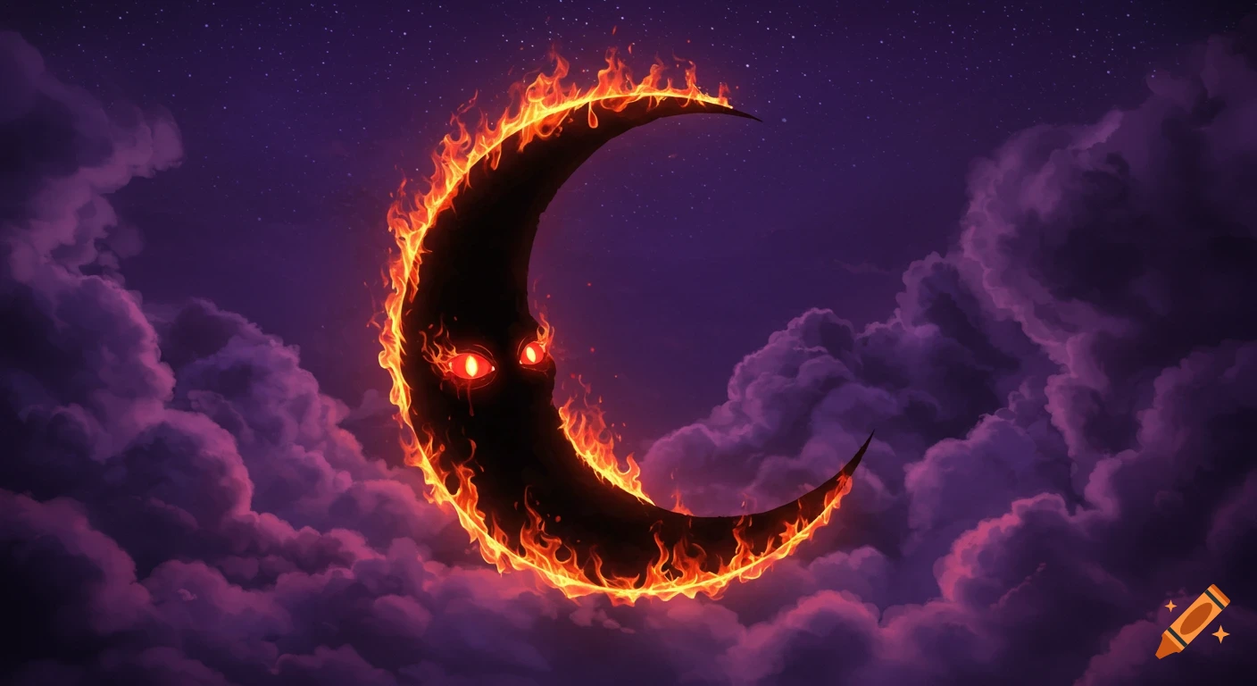 A black crescent moon with glowing red eyes, engulfed in flames, against a dramatic purple night sky with dark clouds.