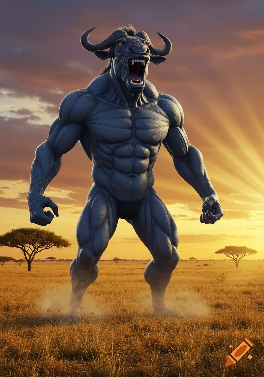 A muscular, grey wildebeest monster roars fiercely, standing in a golden savanna at sunset with acacia trees. Photorealistic.