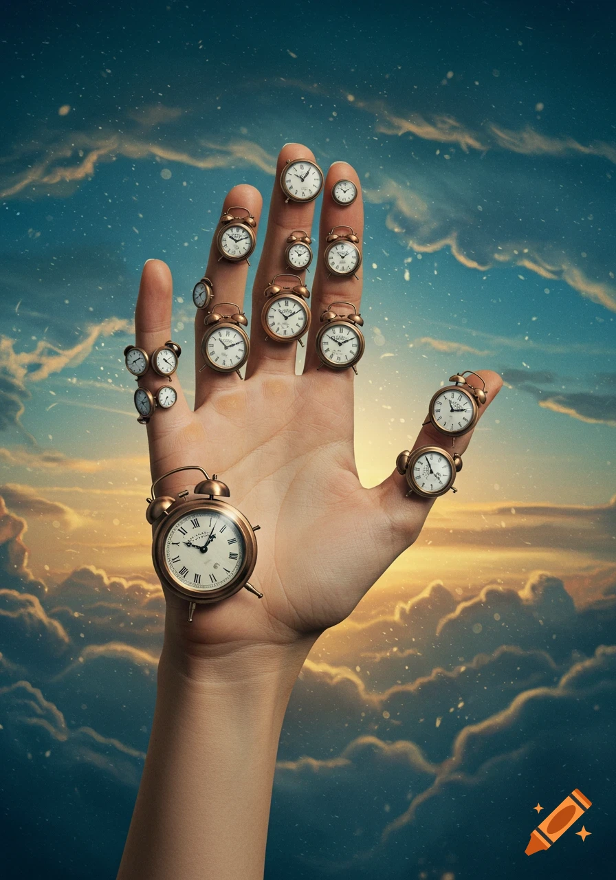 A human hand against a cloudy sky, adorned with many small brass alarm clocks on its palm and fingers.