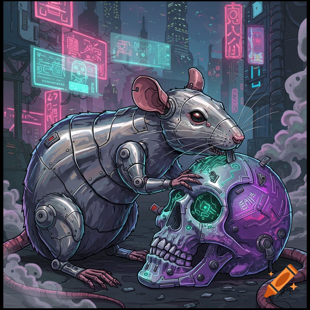 A metallic rat chews on a glowing cyberpunk skull in a futuristic city with neon signs.