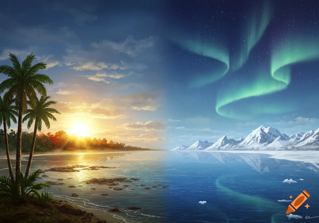 A split landscape illustration showing a tropical beach at sunset with palm trees on the left and snowy mountains with aurora borealis on the right.