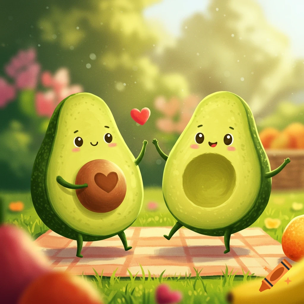 Cute animated avocado halves, one with a pit and one without, on a picnic blanket in a sunny park, with a floating red heart.