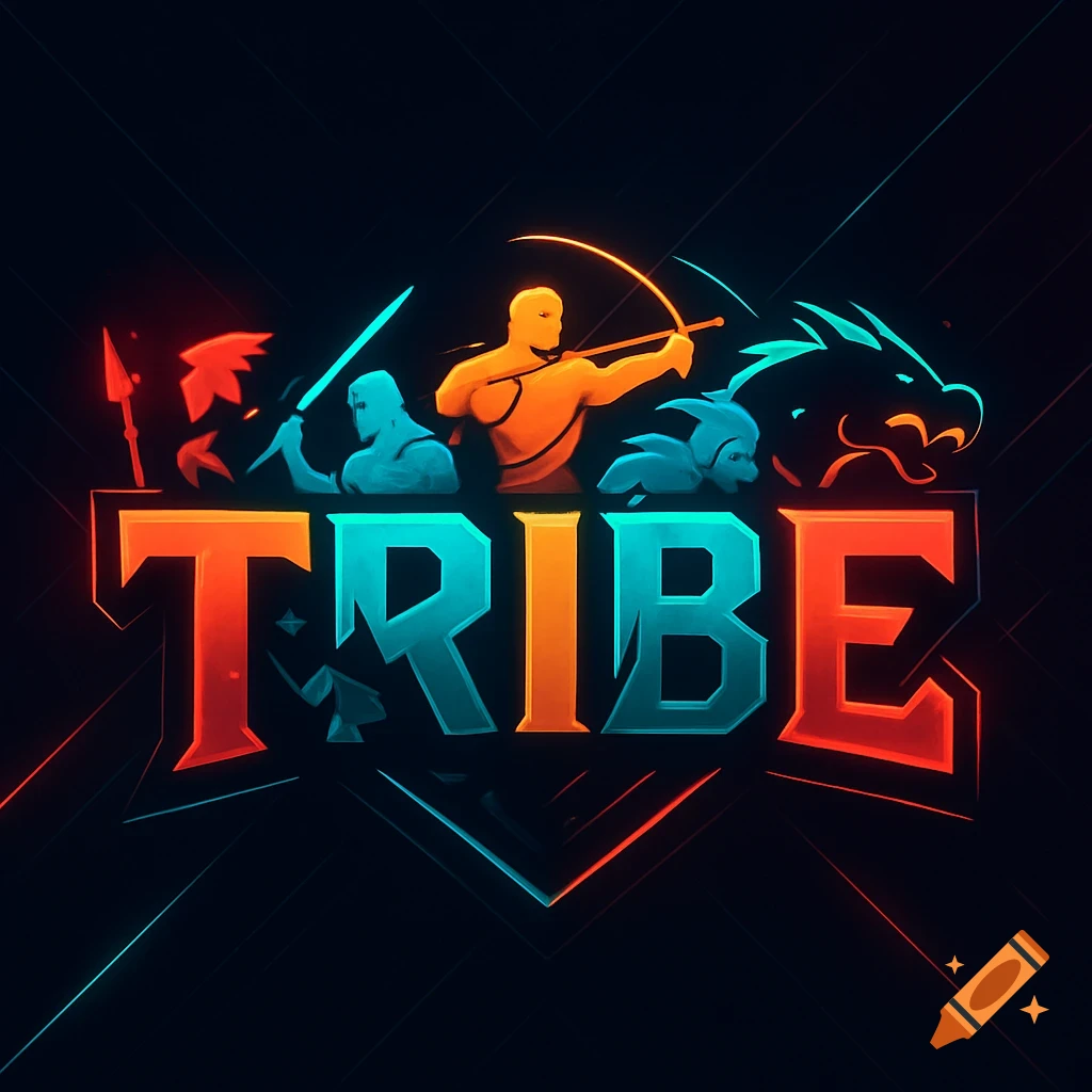 Stylized gaming logo for TRIBE with an archer, a warrior, and a dragon in neon orange and blue on a dark background.
